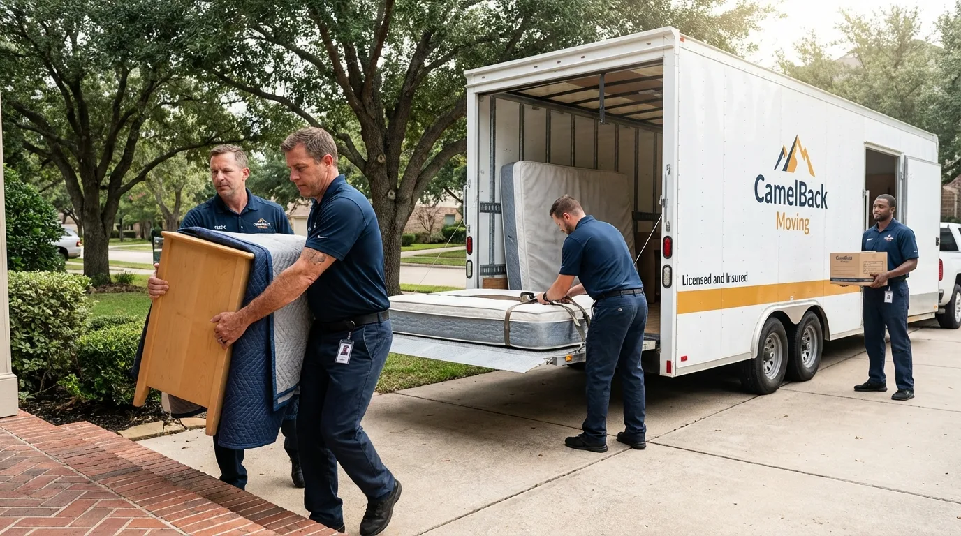 Crew loading residential truck for cross-state move from Roma, TX