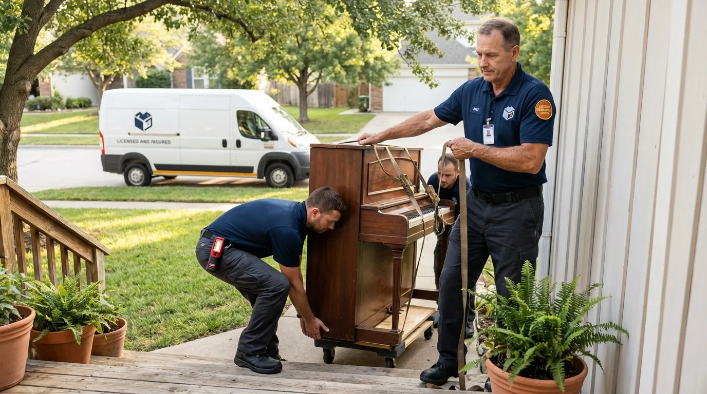 Licensed piano movers securing grand piano in Roma, TX
