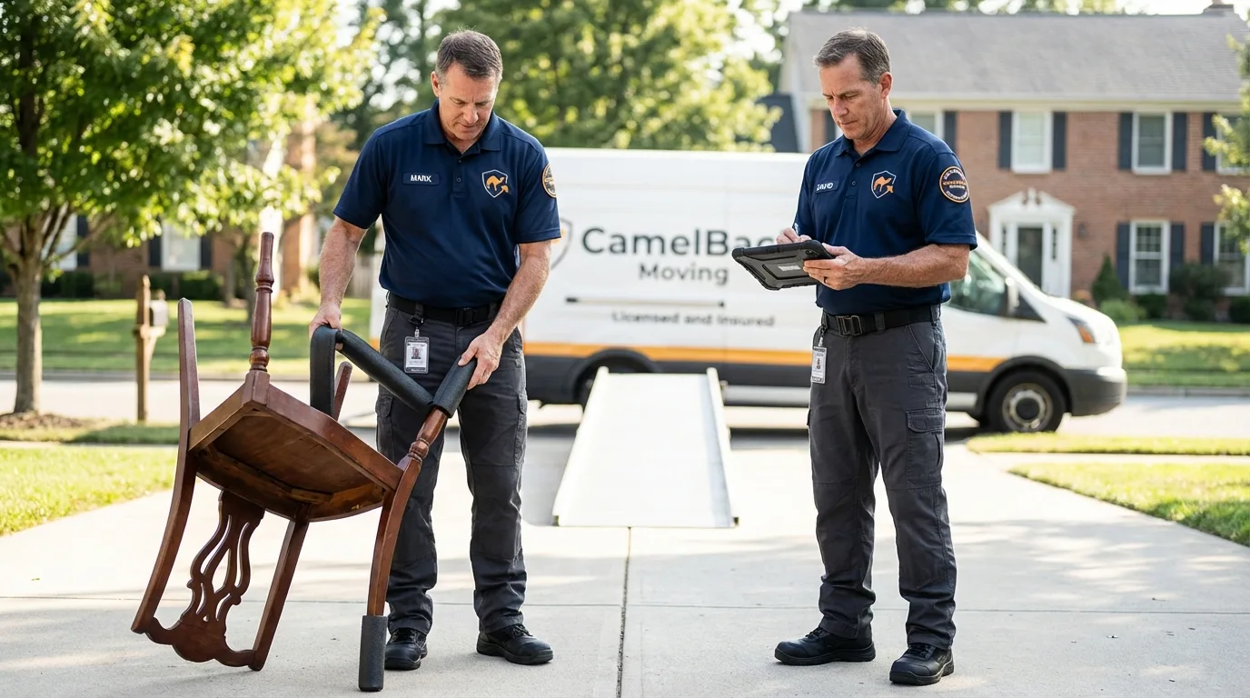 Movers inspecting furniture for damage prevention before loading in Roma, TX